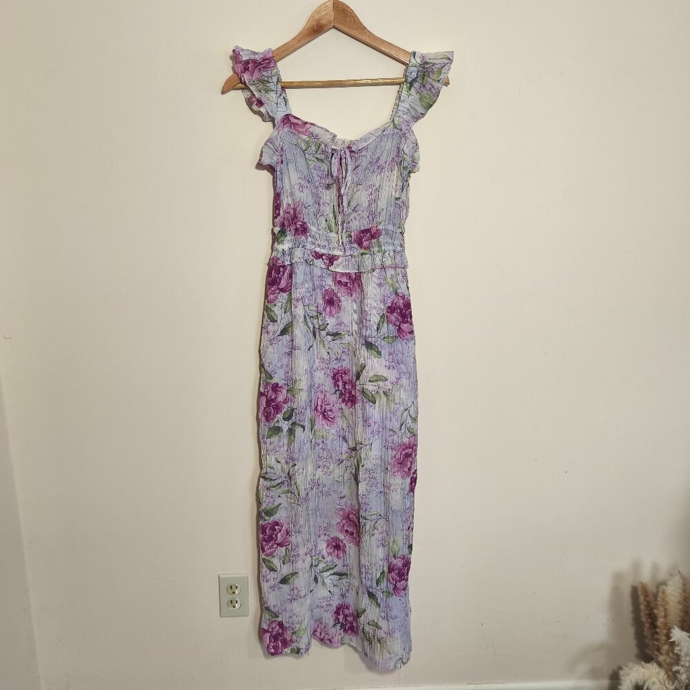 Mary and Mo Crepe Floral Milkmaid Maxi Midi Dress sz XS/S Purple Green Romantic